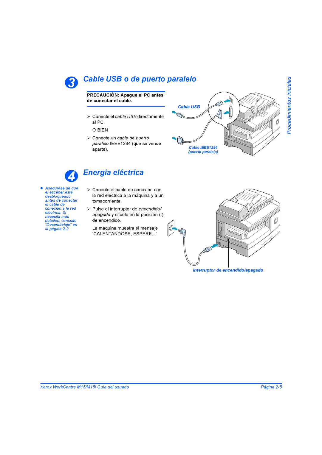 Xerox M15I manual Cable USB o de puerto paralelo, Energía eléctrica, Iniciales, Procedimientos 