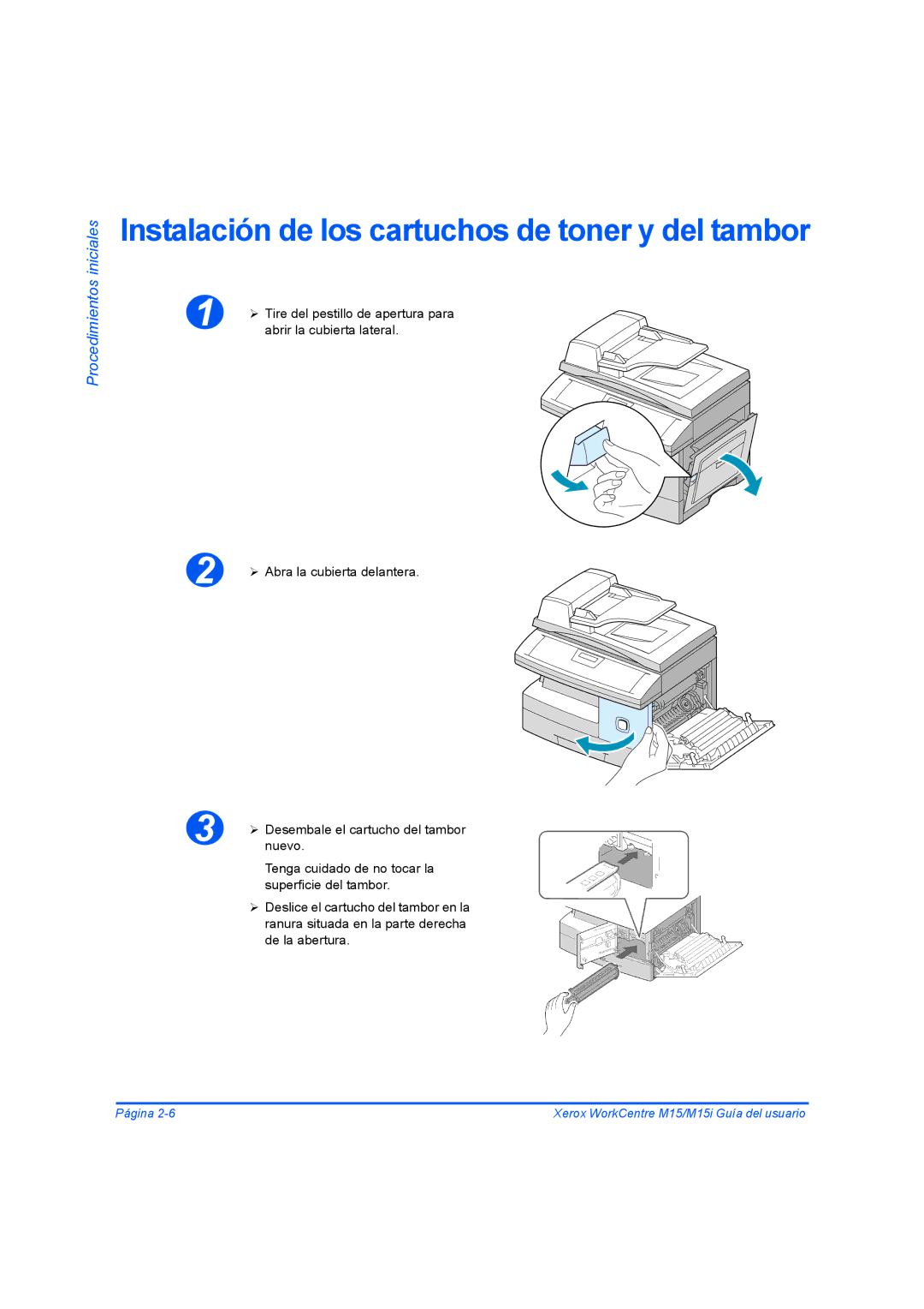 Xerox M15I manual Instalación de los cartuchos de toner y del tambor 