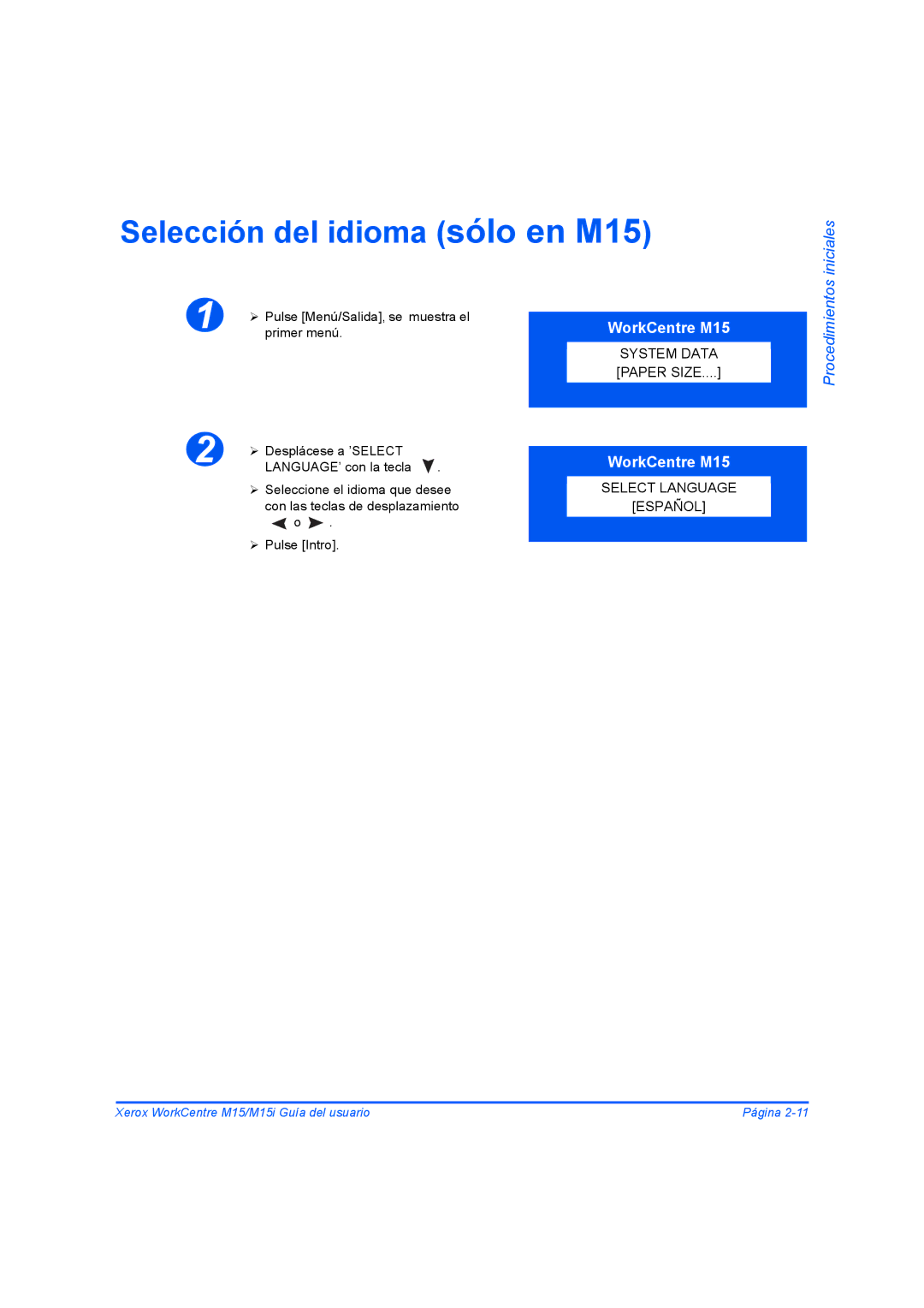 Xerox M15I manual Selección del idioma sólo en M15, Iniciales 