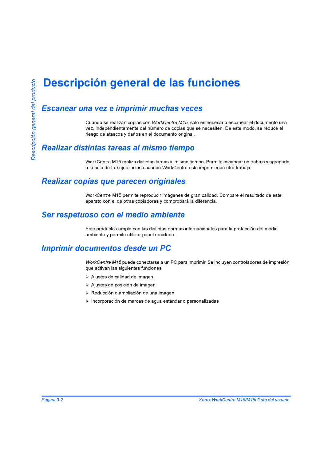 Xerox M15I manual Descripción general de las funciones 