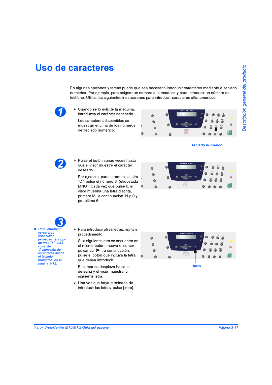 Xerox M15I manual Uso de caracteres 