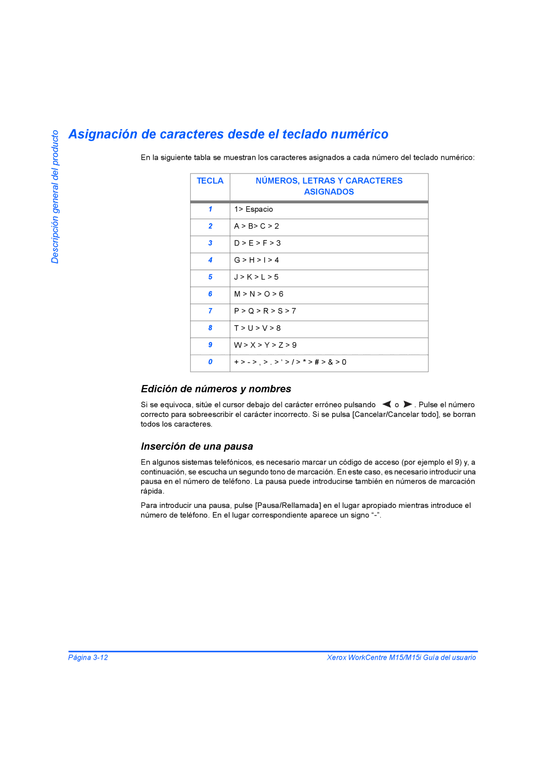 Xerox M15I manual Asignación de caracteres desde el teclado numérico, Inserción de una pausa 