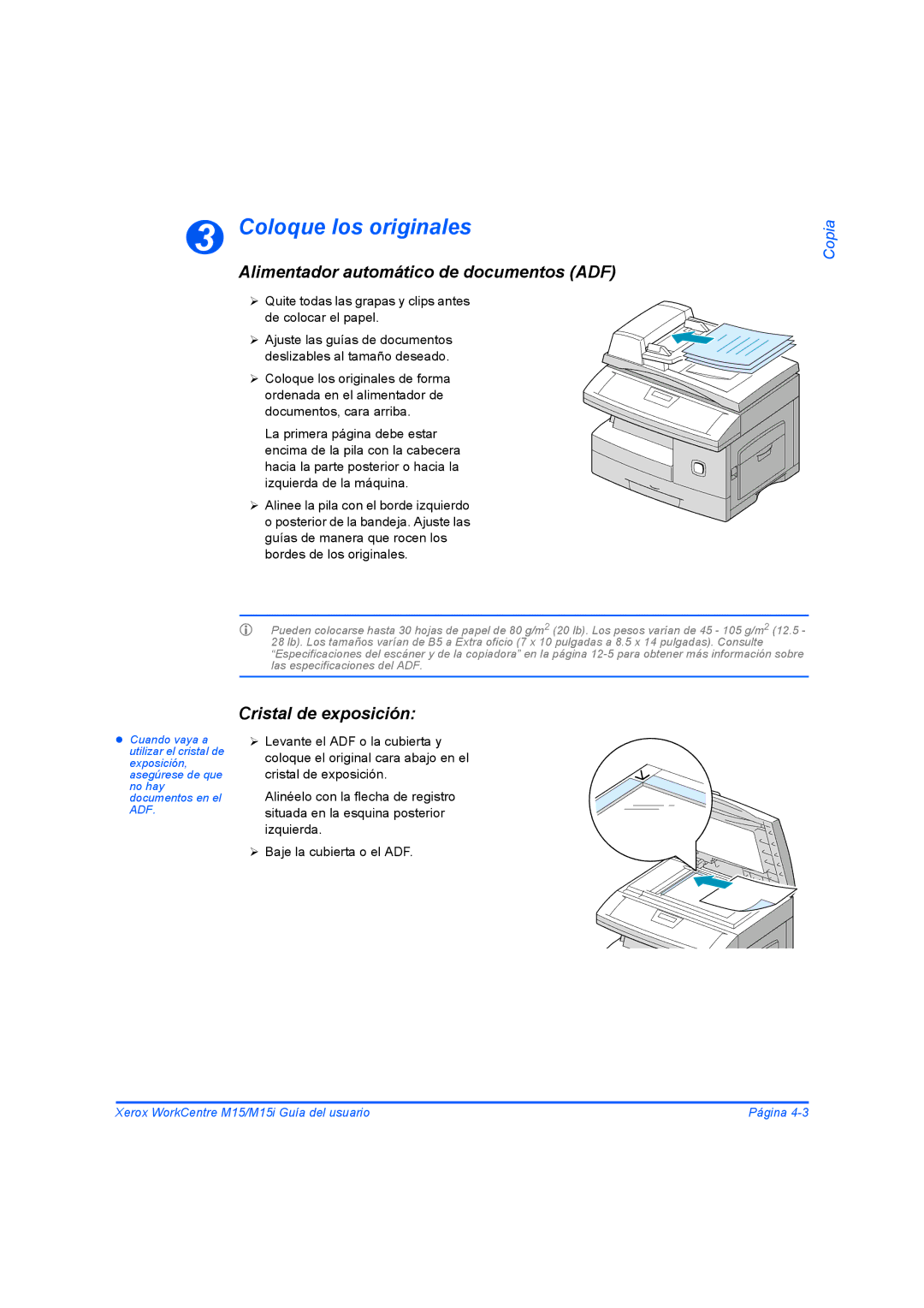 Xerox M15I manual Coloque los originales, Alimentador automático de documentos ADF, Cristal de exposición 