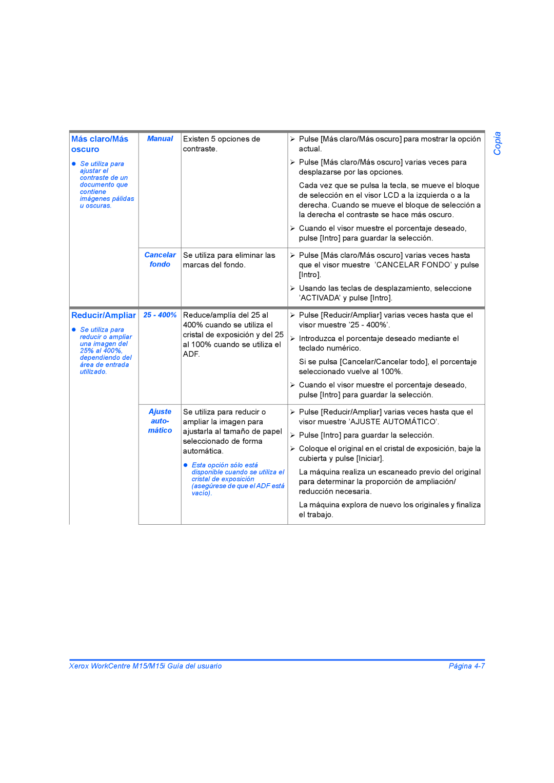 Xerox M15I manual Más claro/Más, Oscuro, Reducir/Ampliar 