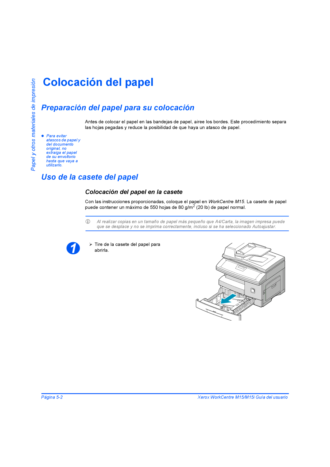 Xerox M15I manual Preparación del papel para su colocación, Uso de la casete del papel, Colocación del papel en la casete 