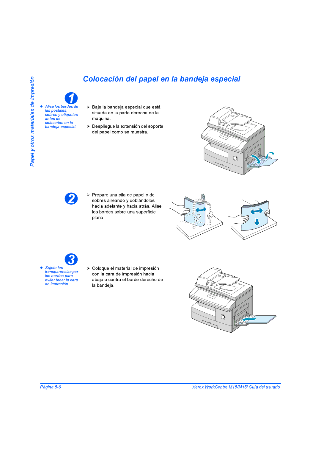 Xerox M15I manual Colocación del papel en la bandeja especial, Impresión, Papel y otros materiales de 