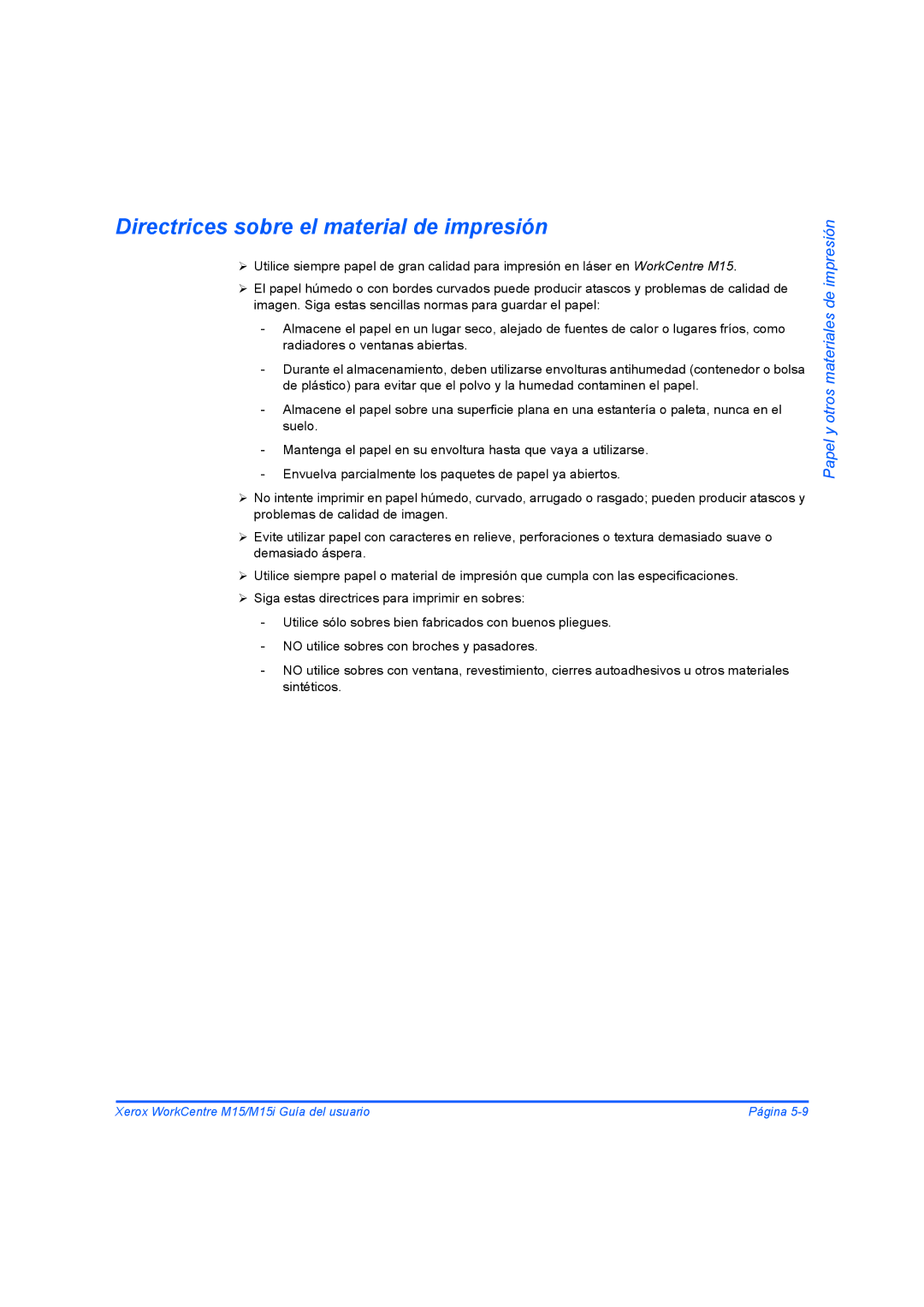 Xerox M15I manual Directrices sobre el material de impresión 