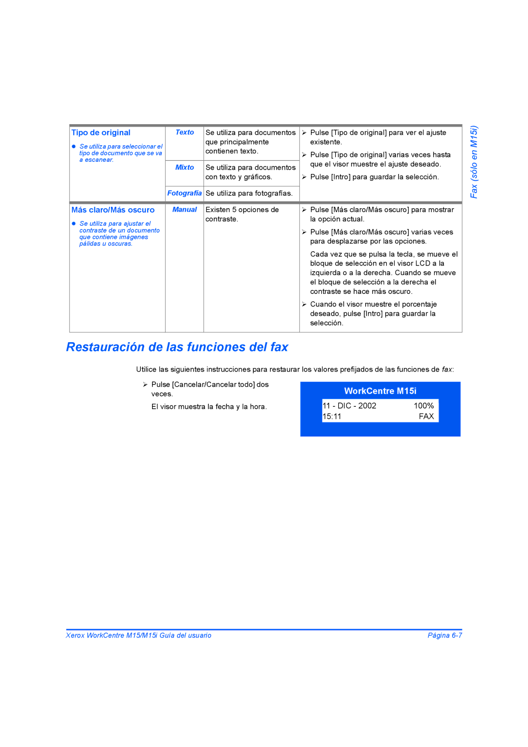 Xerox M15I manual Restauración de las funciones del fax, M15i, Sólo, Fax, Más claro/Más oscuro 