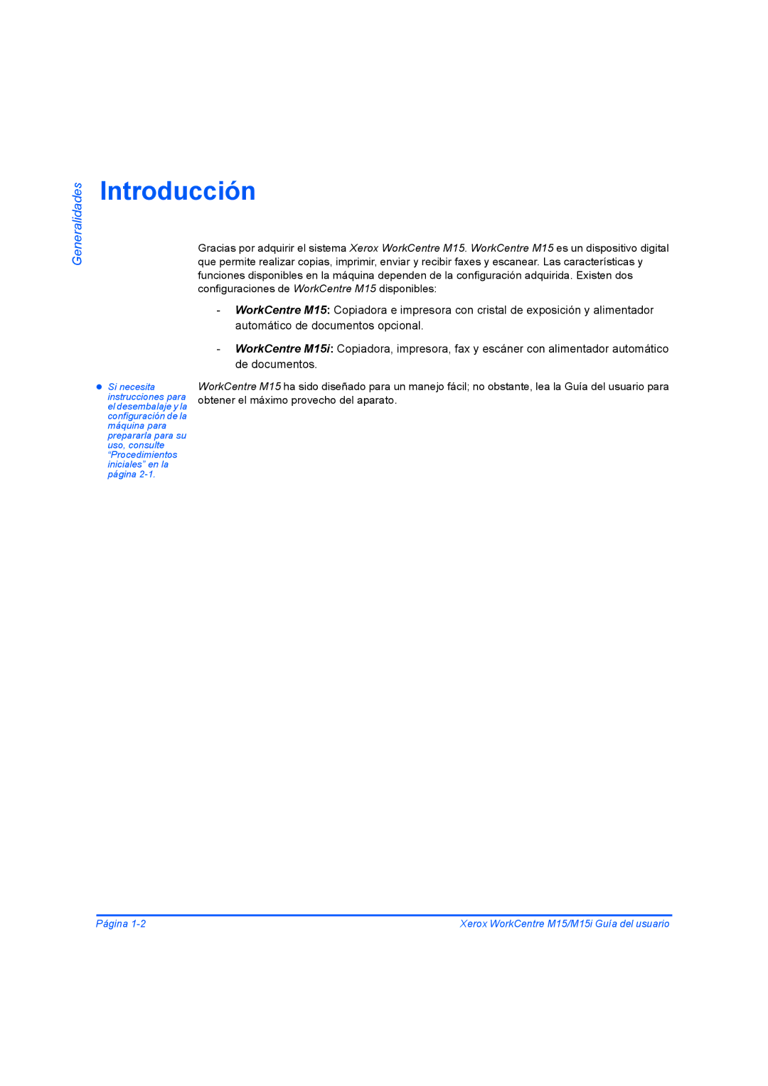 Xerox M15I manual Introducción, Generalidades 