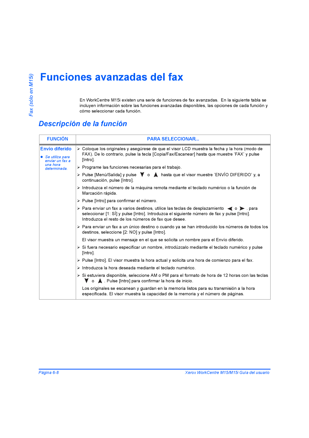 Xerox M15I manual Funciones avanzadas del fax, Función Para Seleccionar, Envío diferido 