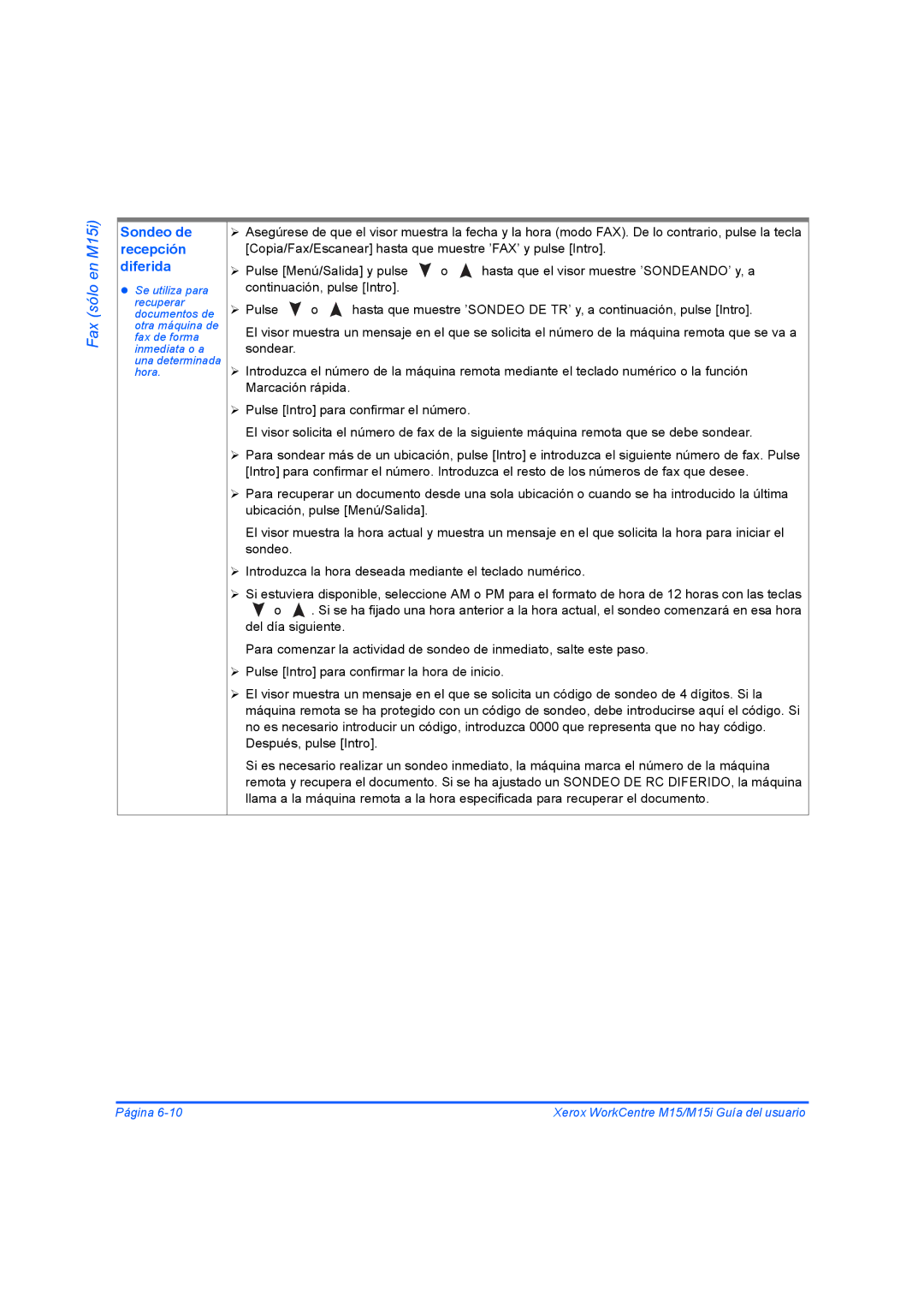 Xerox M15I manual Sondeo de recepción diferida 