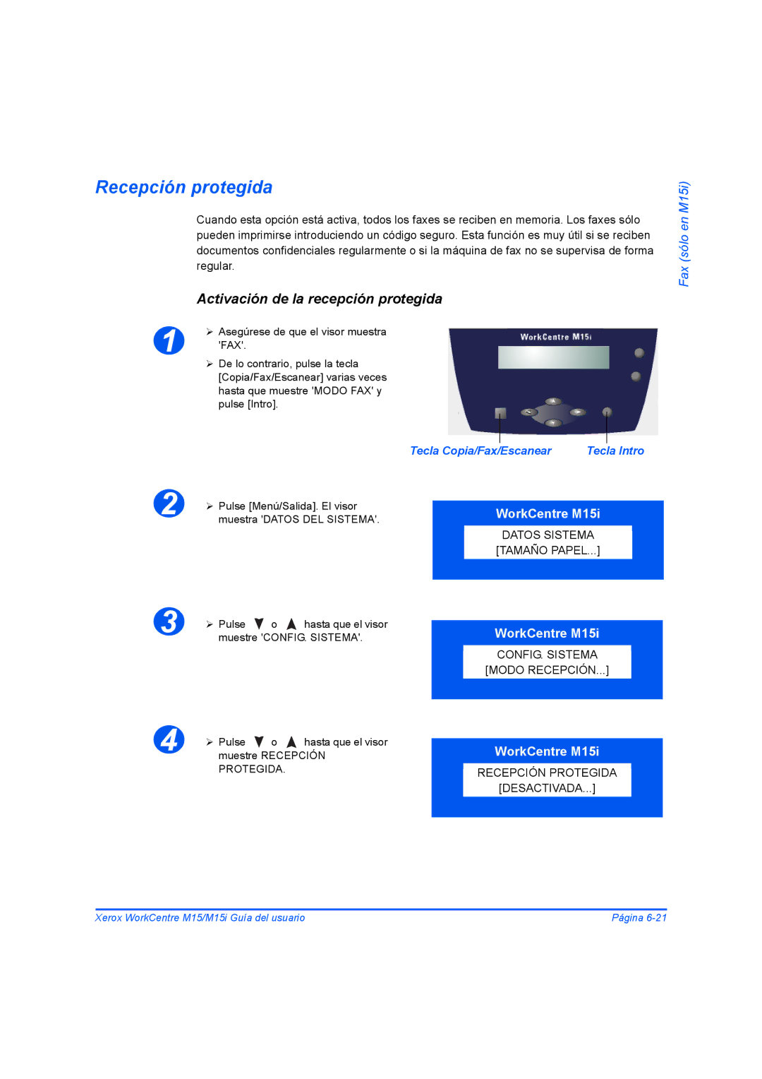 Xerox M15I manual Recepción protegida, Activación de la recepción protegida 