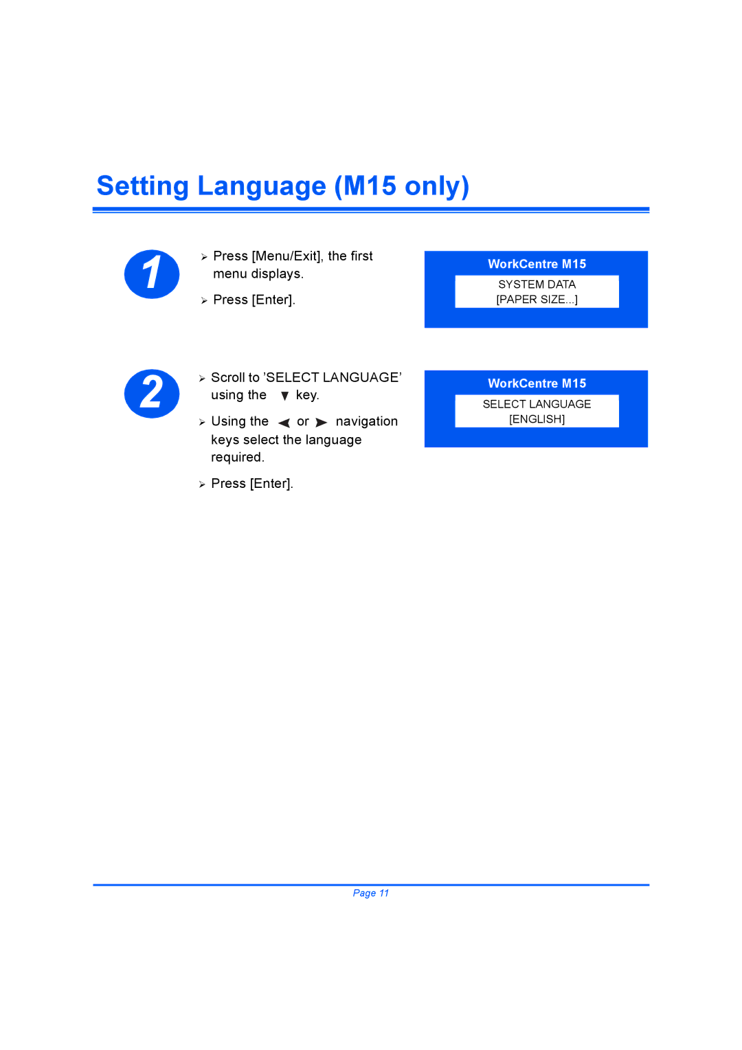 Xerox M15I quick start Setting Language M15 only 