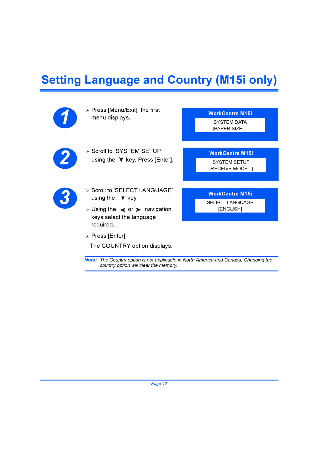 Xerox M15I quick start Setting Language and Country M15i only 