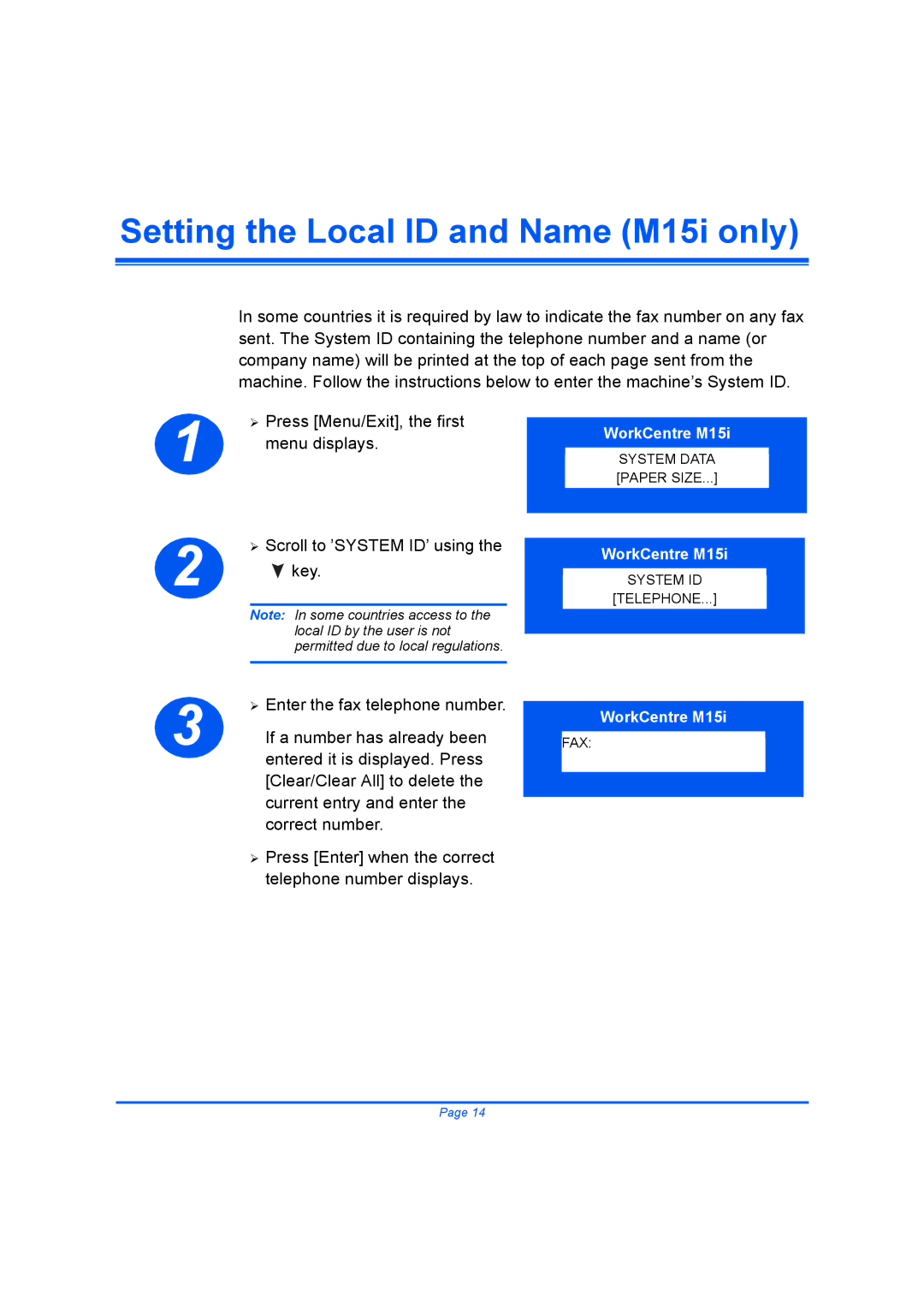 Xerox M15I quick start Setting the Local ID and Name M15i only 