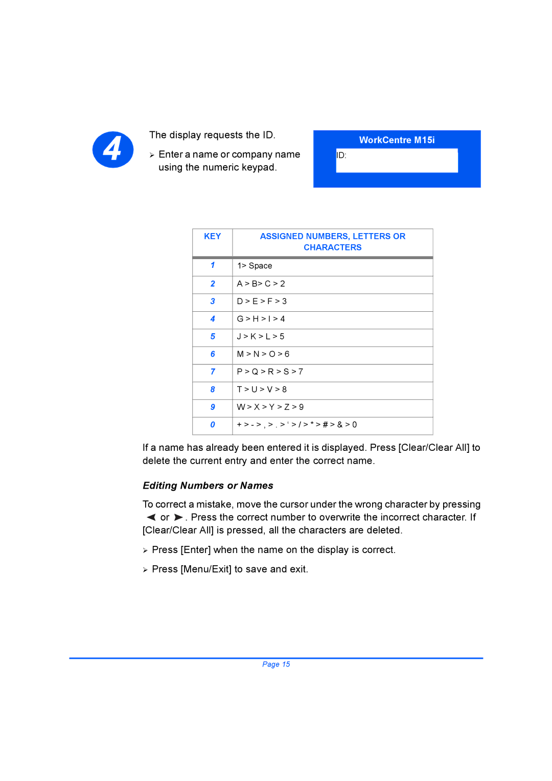 Xerox M15I quick start Editing Numbers or Names 