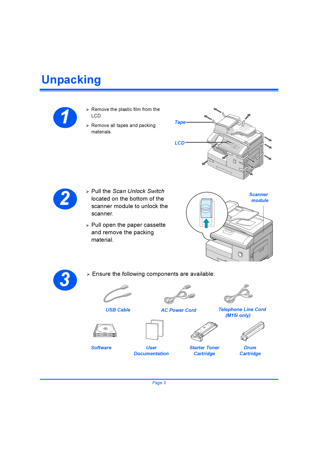 Xerox M15I quick start Unpacking, Pull the Scan Unlock Switch 