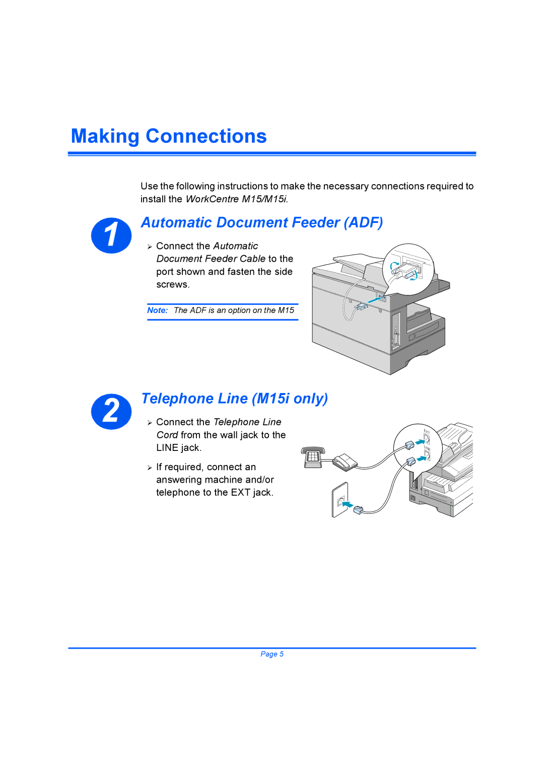 Xerox M15I quick start Making Connections, Automatic Document Feeder ADF, Telephone Line M15i only 