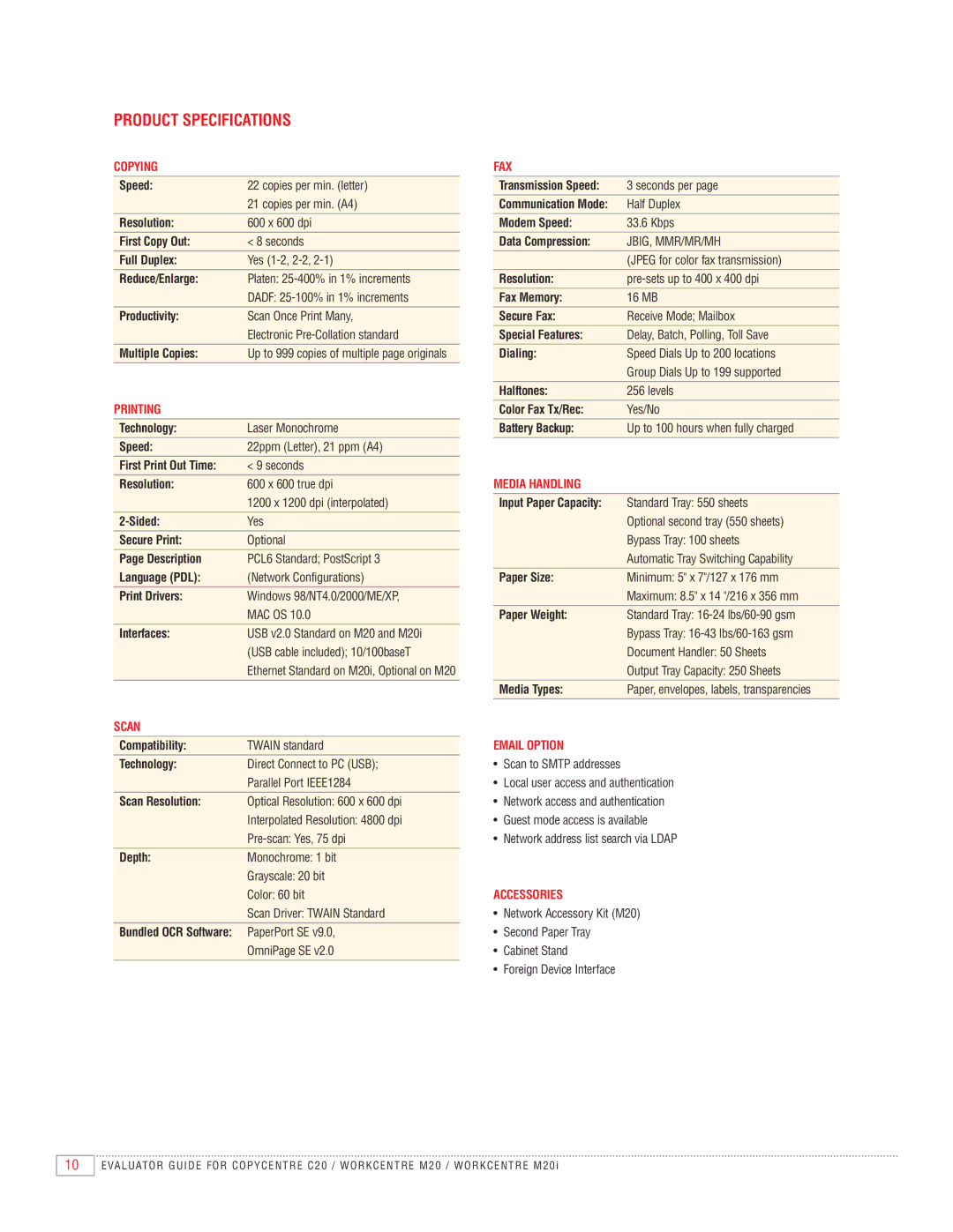 Xerox M20I manual Product Specifications, Copying 