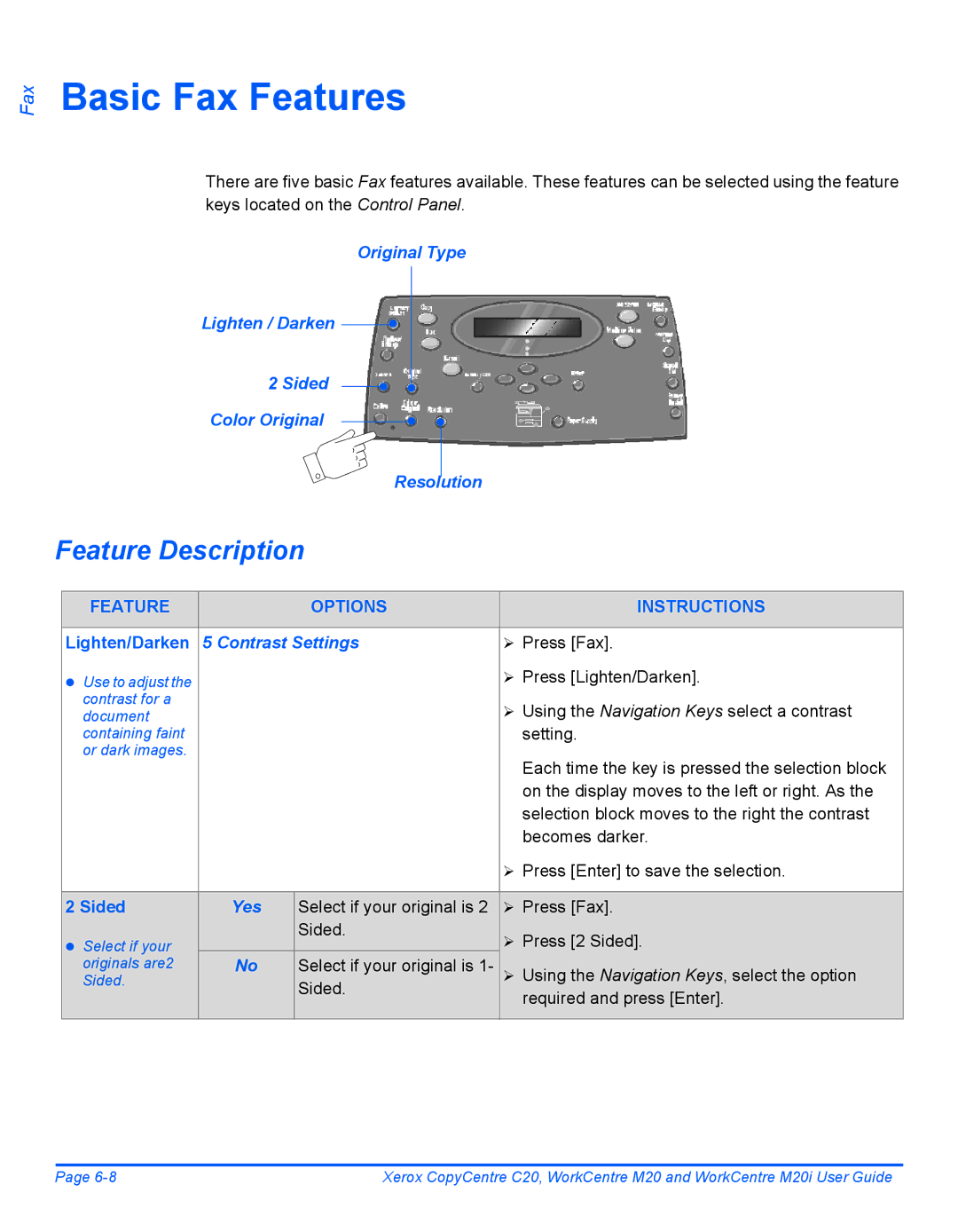 Xerox M20I manual Basic Fax Features, Select if your original is ¾ Press Fax, Sided Required and press Enter 