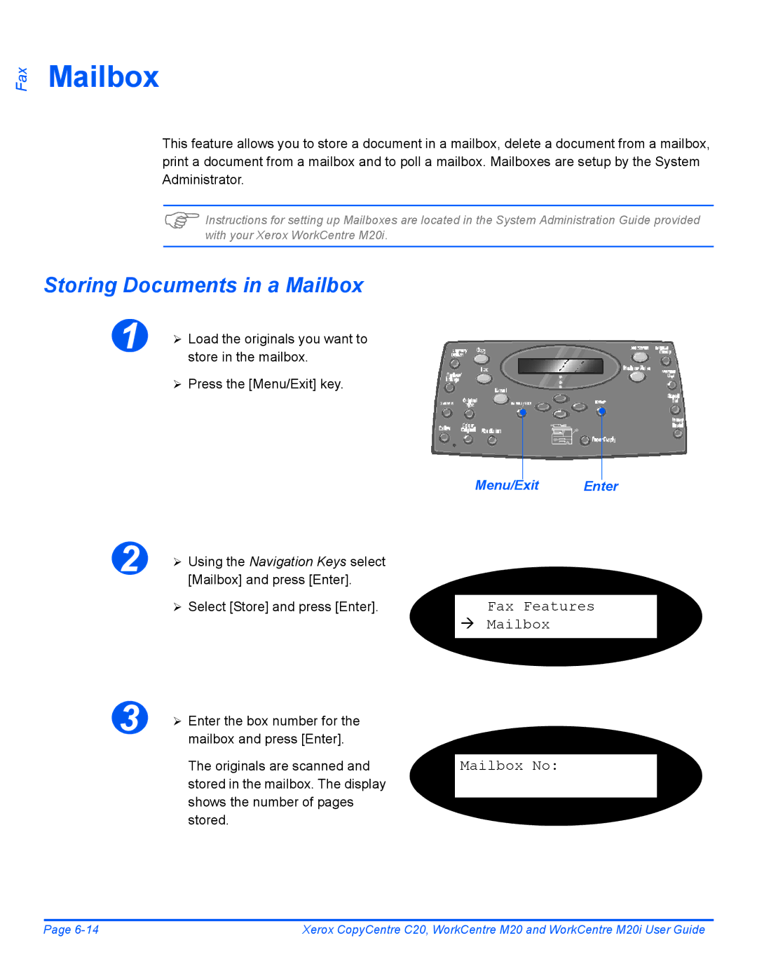 Xerox M20I manual Storing Documents in a Mailbox, Fax Features Mailbox Mailbox No 