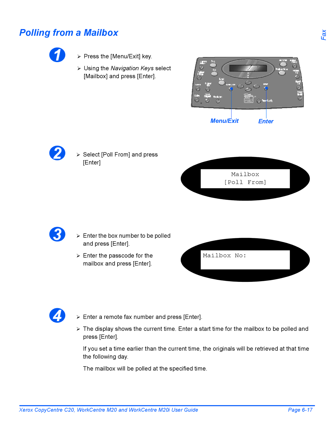Xerox M20I Polling from a Mailbox, Mailbox Poll From Mailbox No, ¾ Enter the passcode for the mailbox and press Enter 