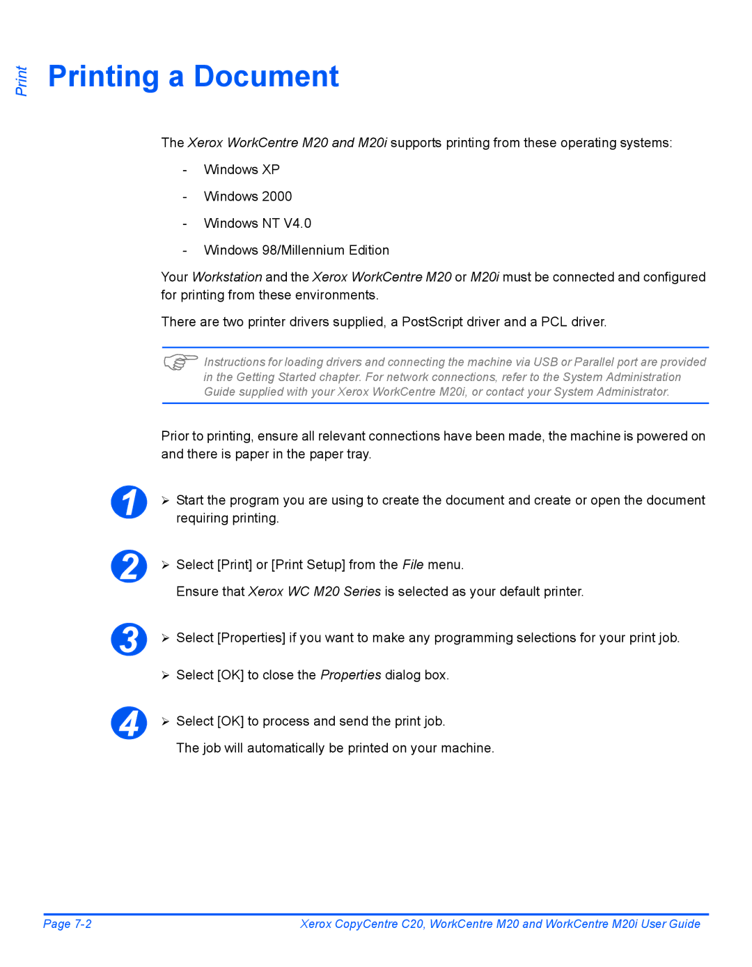 Xerox M20I manual Printing a Document, Requiring printing, ¾ Select Print or Print Setup from the File menu 