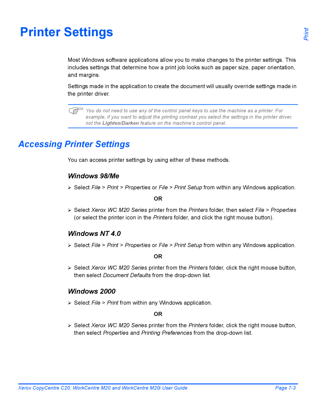 Xerox M20I manual Accessing Printer Settings, Windows 98/Me, Windows NT 