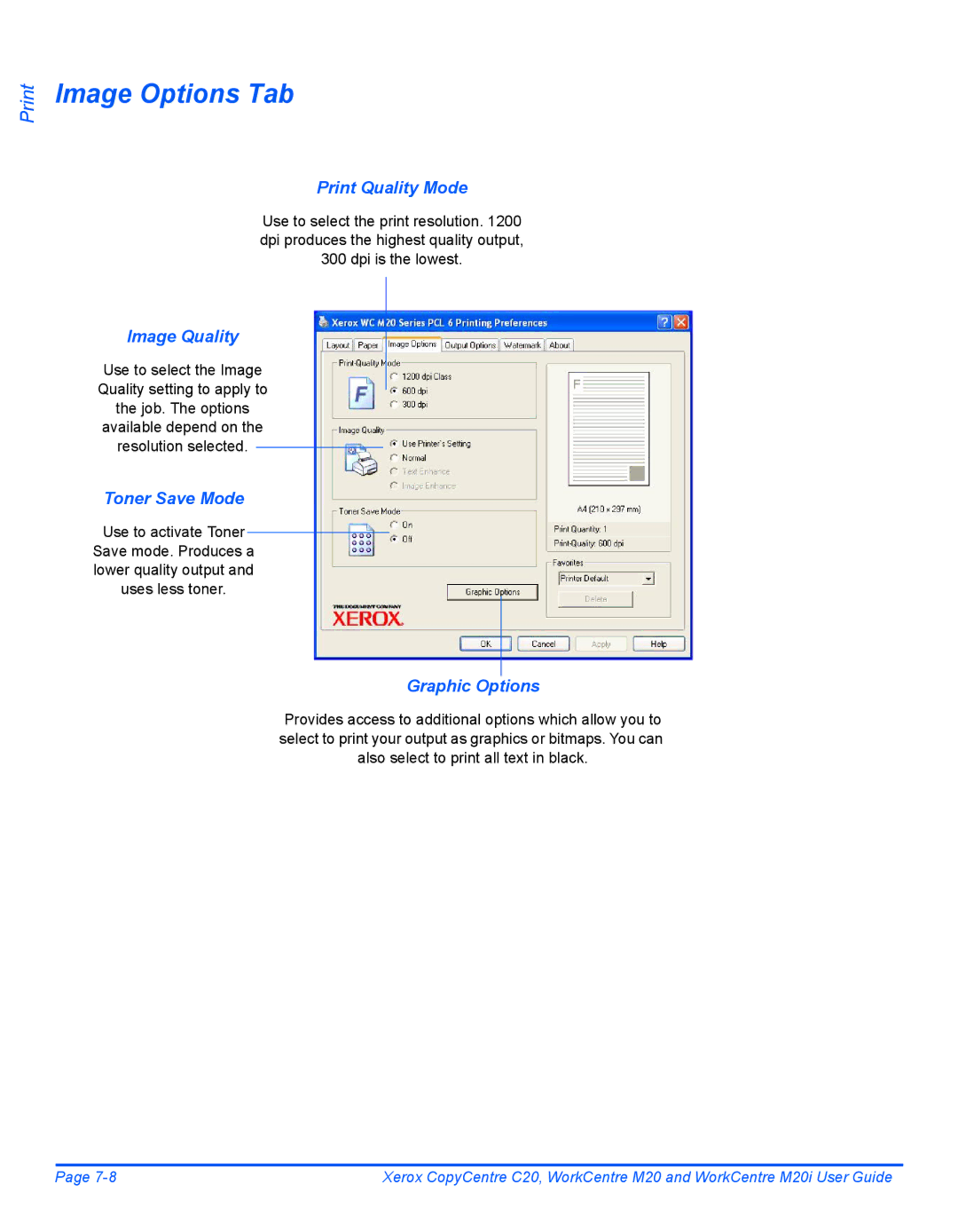 Xerox M20I manual Image Options Tab, Print Quality Mode, Image Quality, Toner Save Mode, Graphic Options 
