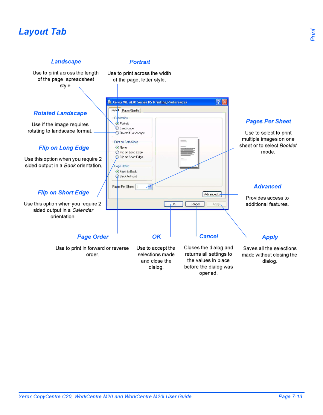 Xerox M20I manual Flip on Long Edge, Flip on Short Edge, Pages Per Sheet, Advanced, Cancel Apply 