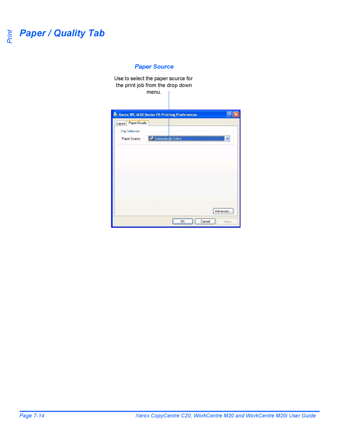 Xerox M20I manual Paper / Quality Tab, Paper Source 