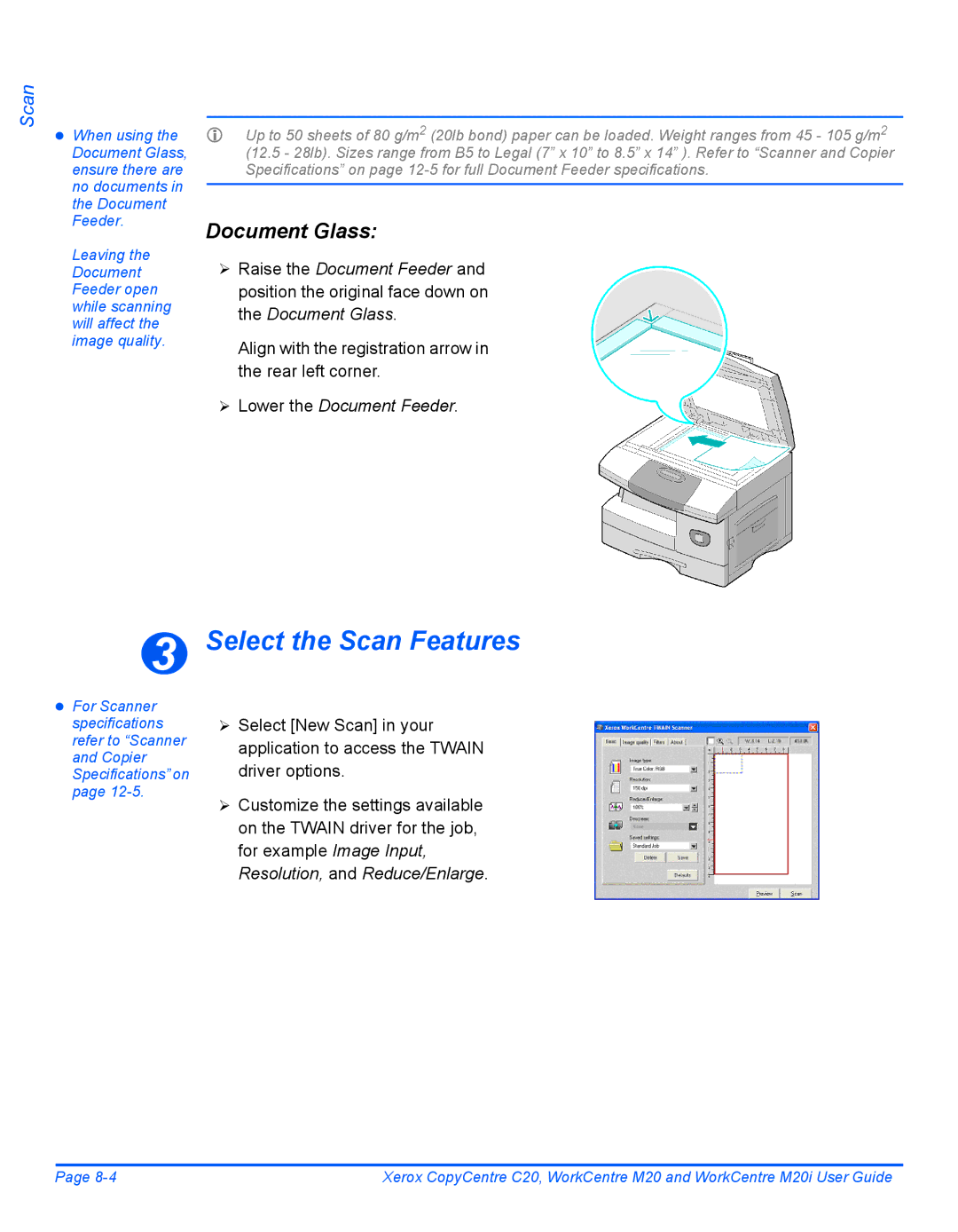 Xerox M20I manual Select the Scan Features, Document Glass 