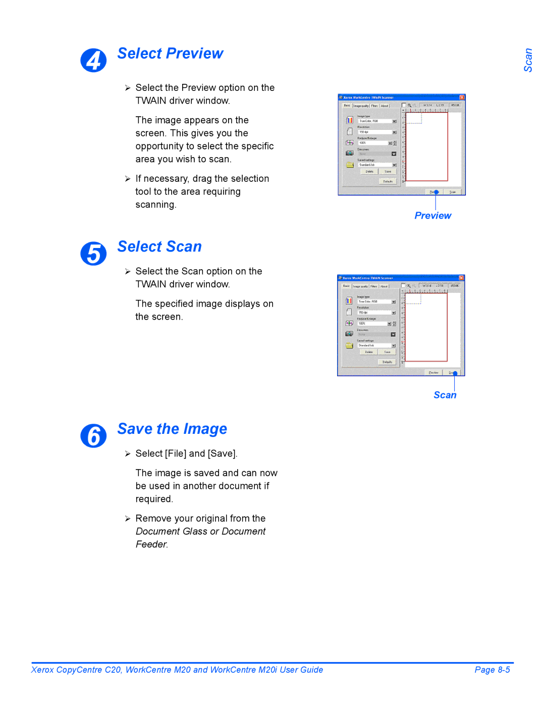 Xerox M20I manual Select Preview, Select Scan, Save the Image 