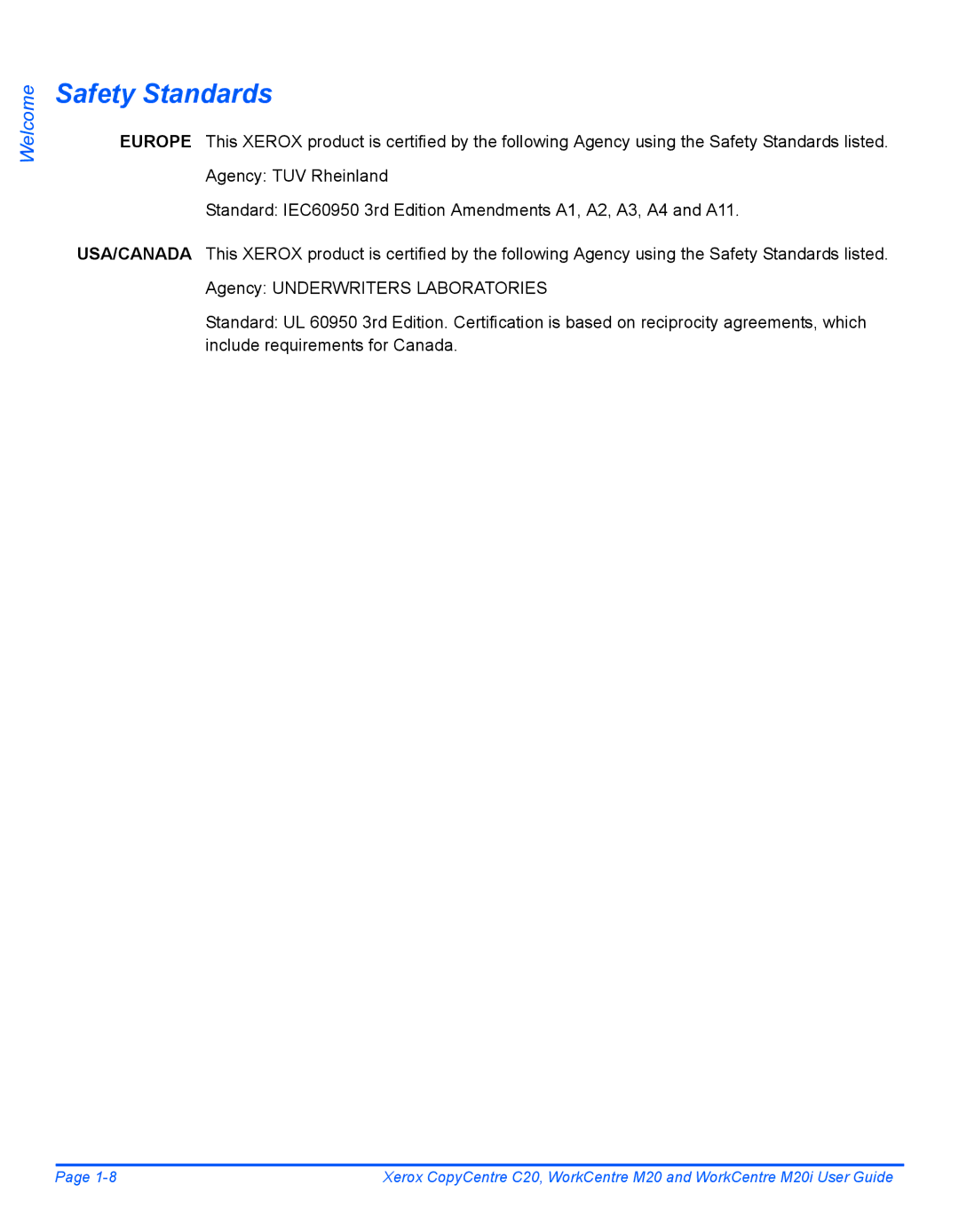 Xerox M20I manual Safety Standards 