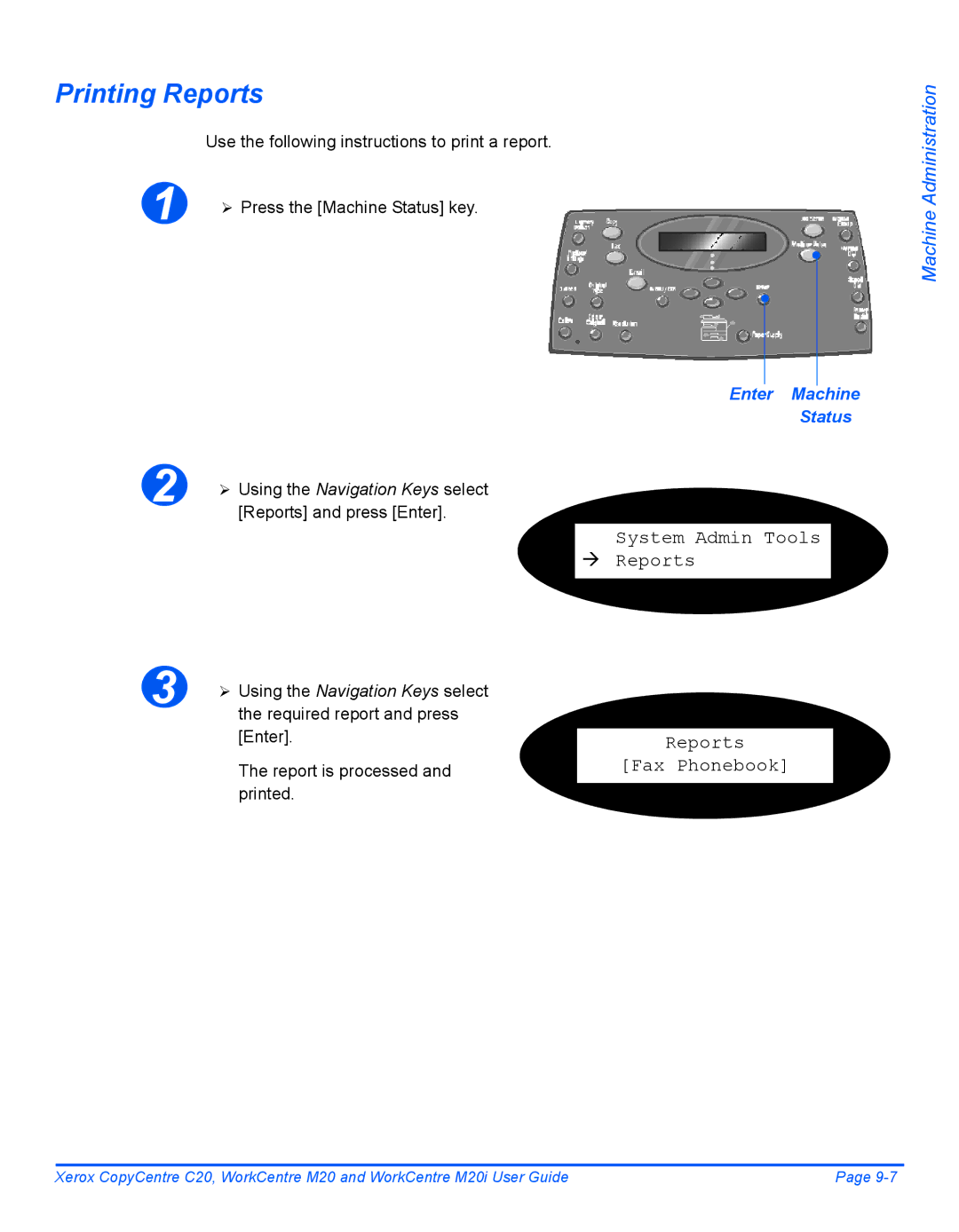 Xerox M20I manual Printing Reports, System Admin Tools Reports Fax Phonebook 