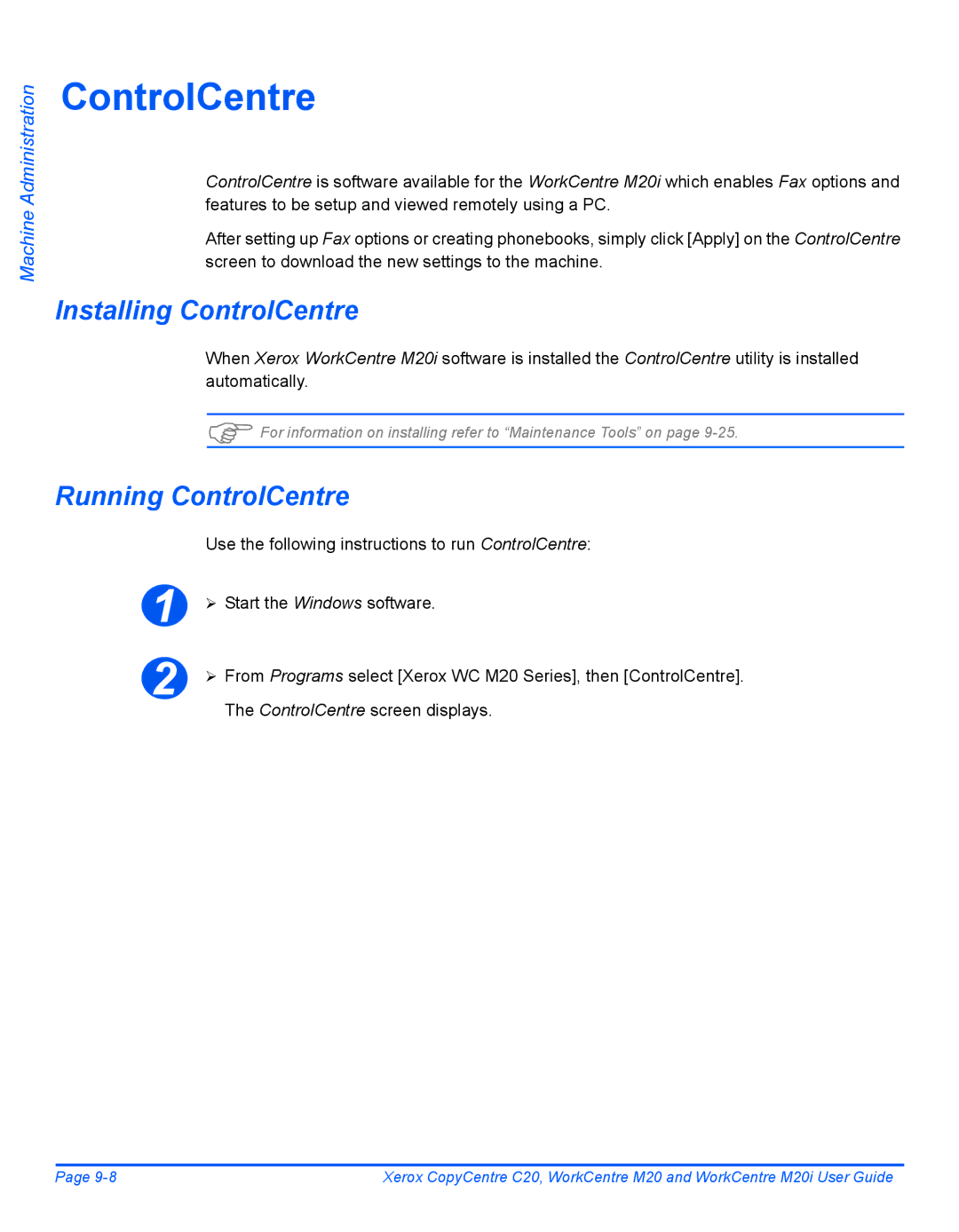 Xerox M20I manual Installing ControlCentre, Running ControlCentre, ControlCentre screen displays 