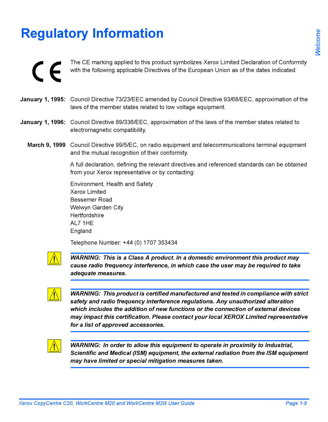 Xerox M20I manual Regulatory Information, England Telephone Number +44 0 1707 