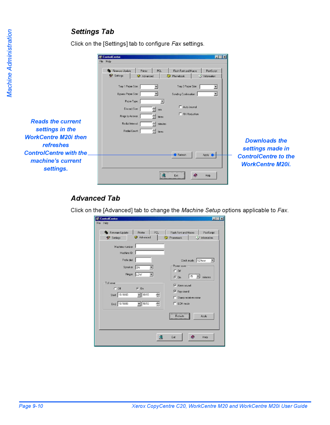 Xerox M20I manual Settings Tab, Advanced Tab 