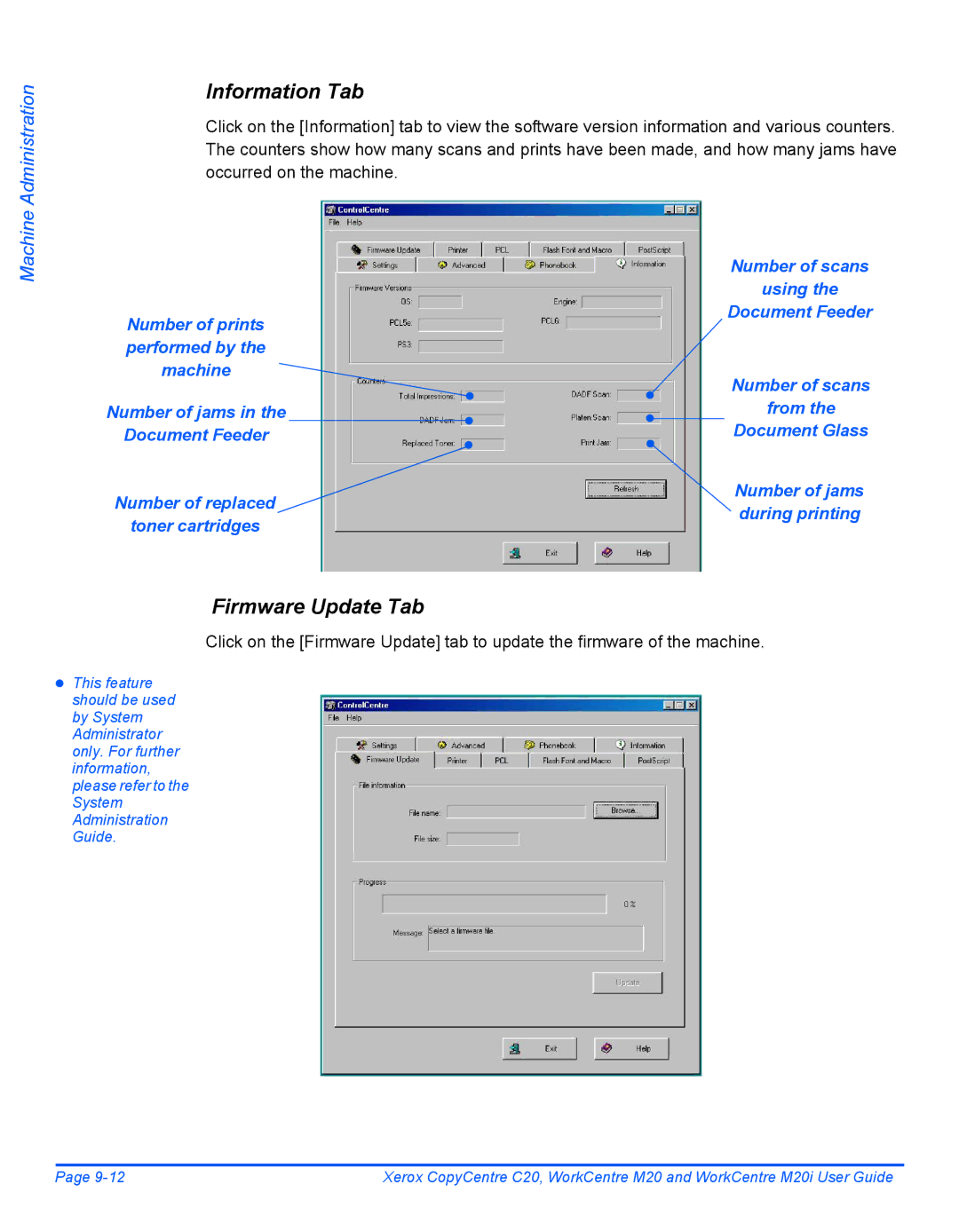 Xerox M20I manual Information Tab, Firmware Update Tab 