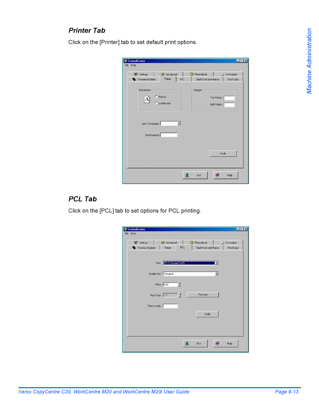 Xerox M20I manual Printer Tab, PCL Tab, Click on the Printer tab to set default print options 