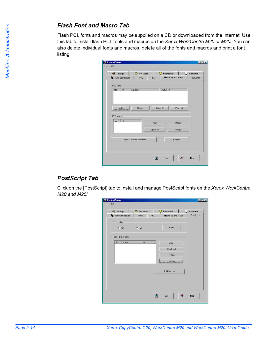 Xerox M20I manual Flash Font and Macro Tab, PostScript Tab 