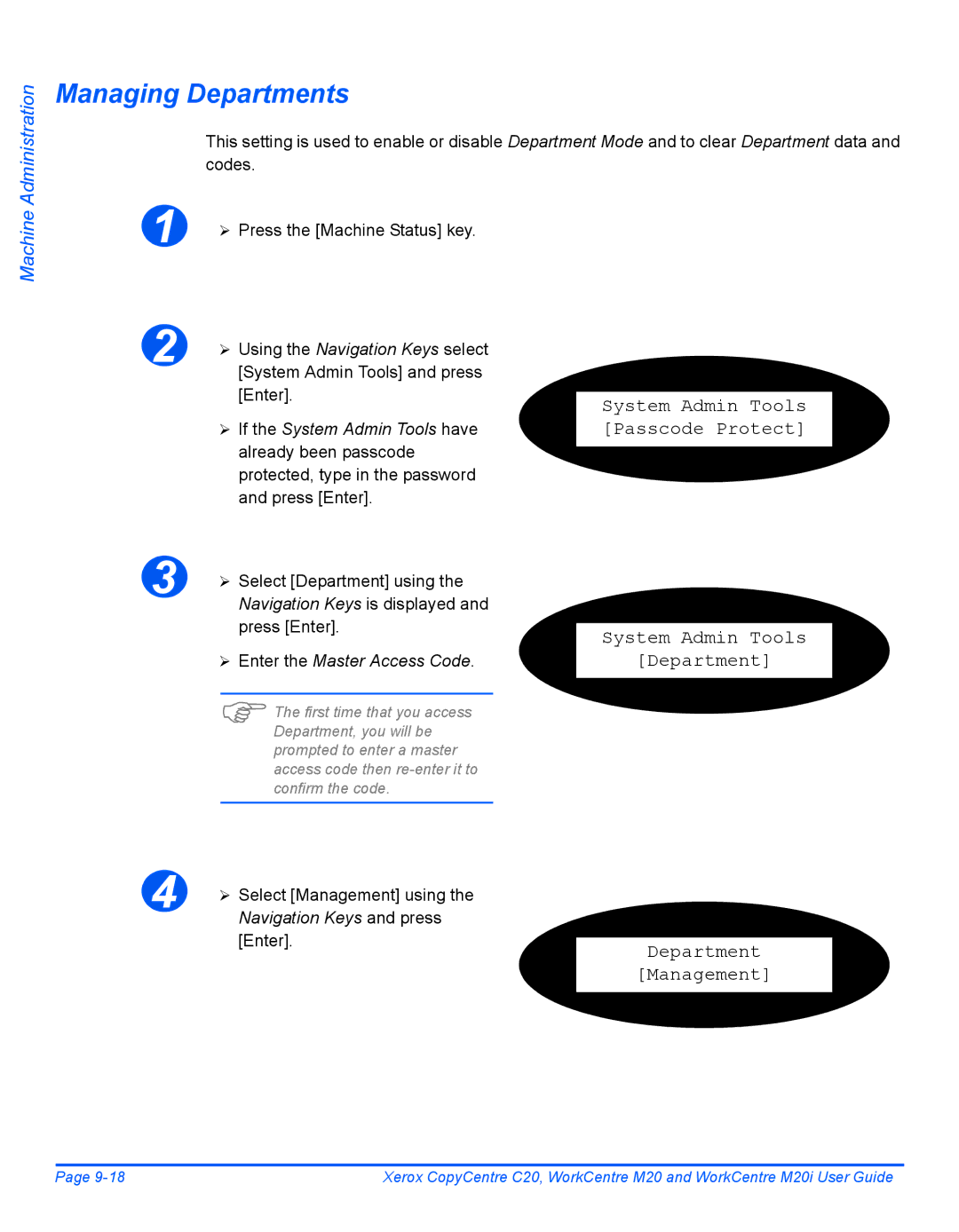 Xerox M20I manual Managing Departments, Department Management, ¾ Select Department using, Navigation Keys and press 