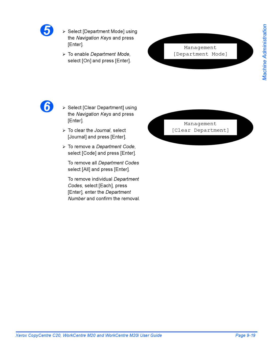 Xerox M20I manual Management Department Mode Clear Department, ¾ To enable Department Mode, select On and press Enter 