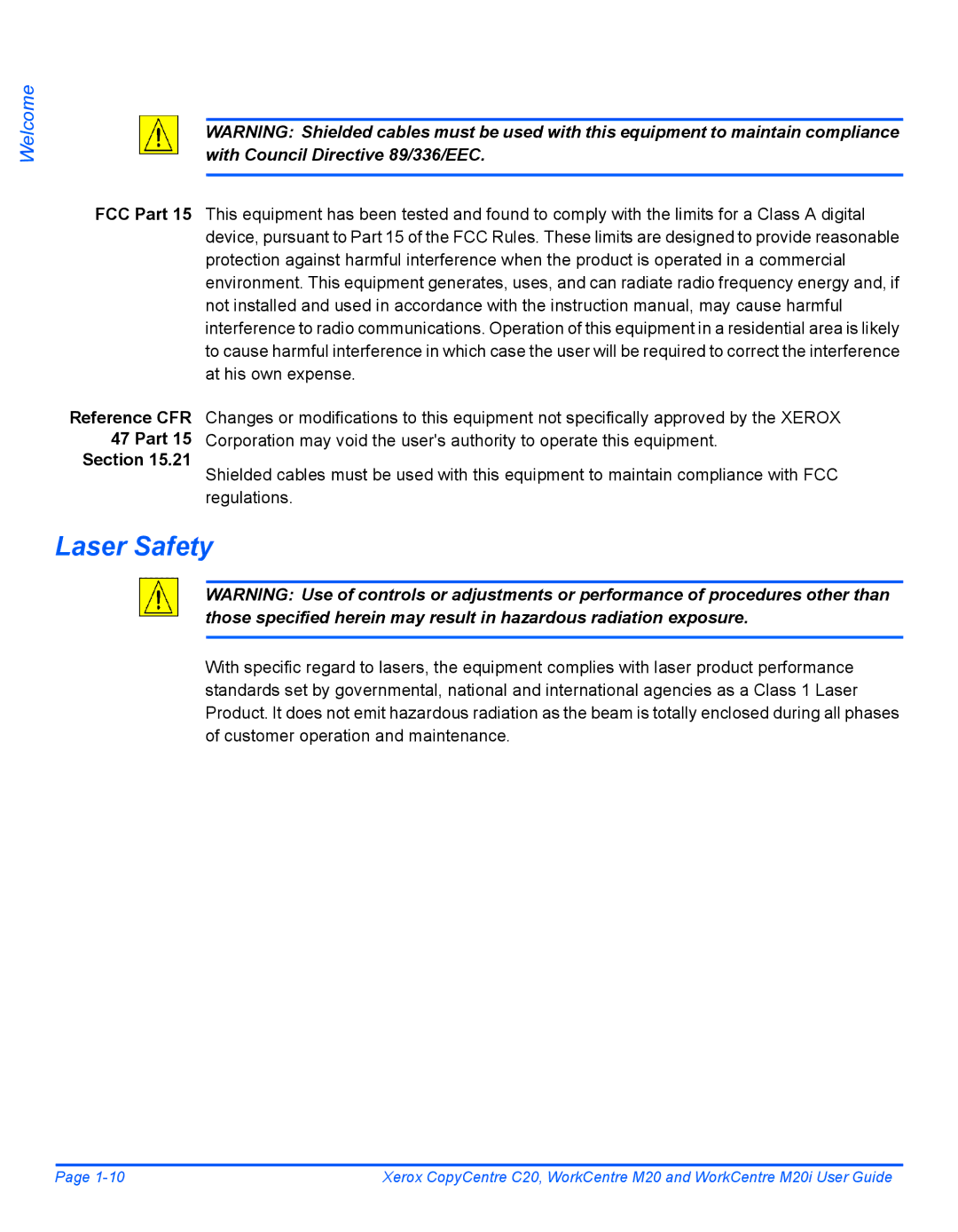 Xerox M20I manual Laser Safety 