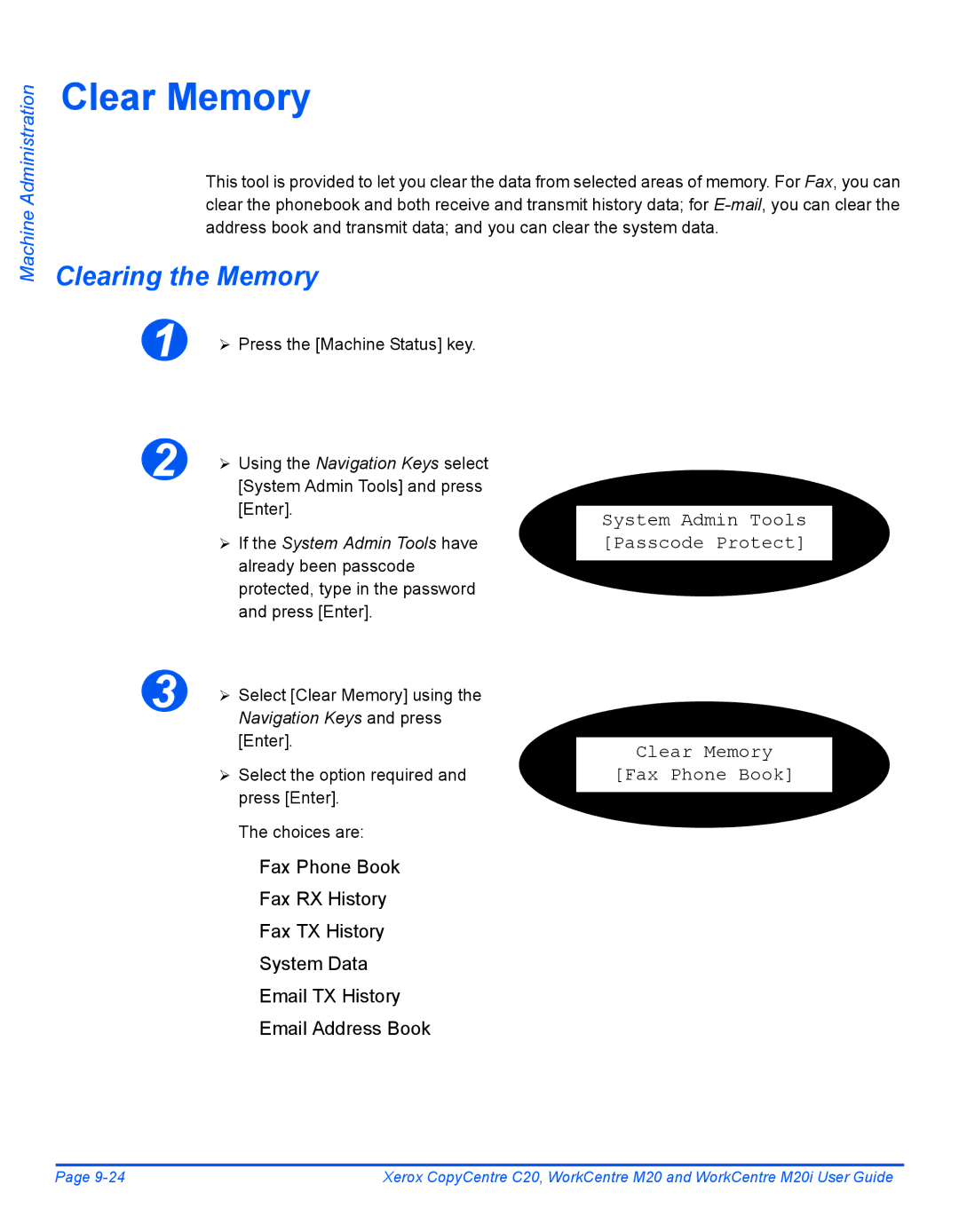 Xerox M20I manual Clear Memory, Clearing the Memory 