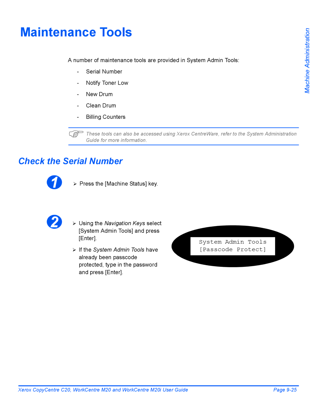 Xerox M20I manual Maintenance Tools, Check the Serial Number 