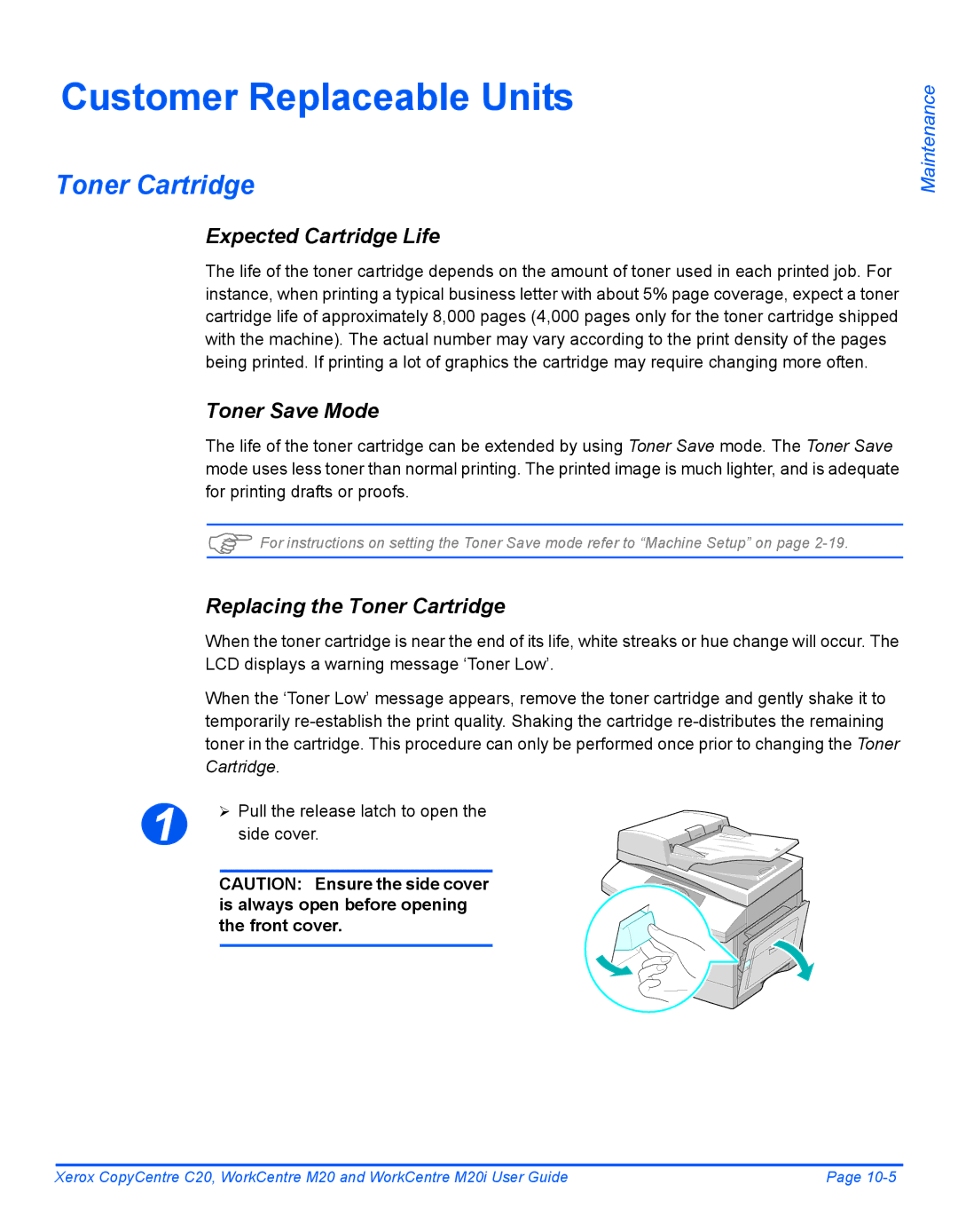 Xerox M20I manual Customer Replaceable Units, Toner Cartridge, Expected Cartridge Life, Toner Save Mode 