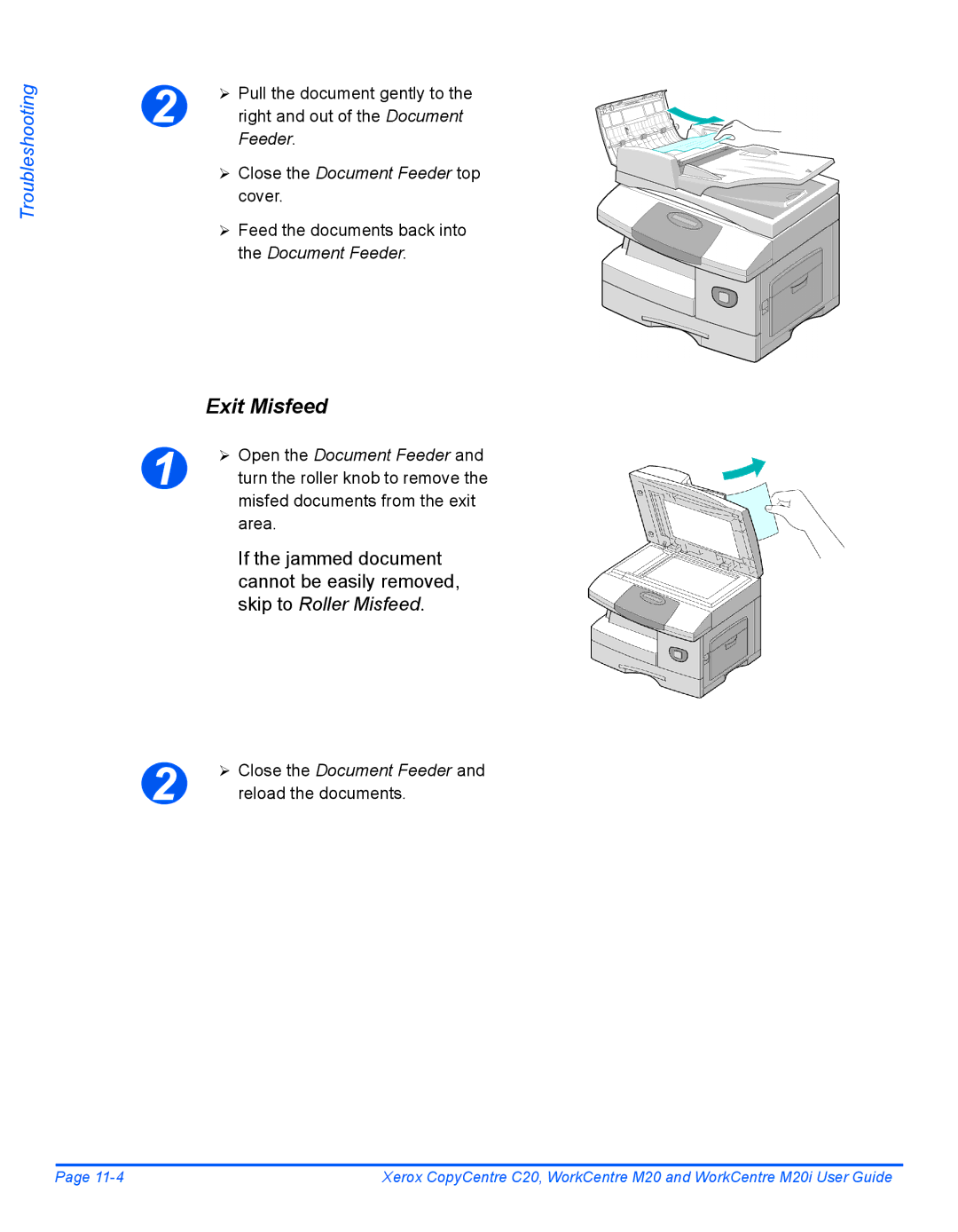 Xerox M20I manual Exit Misfeed, ¾ Close the Document Feeder top cover 