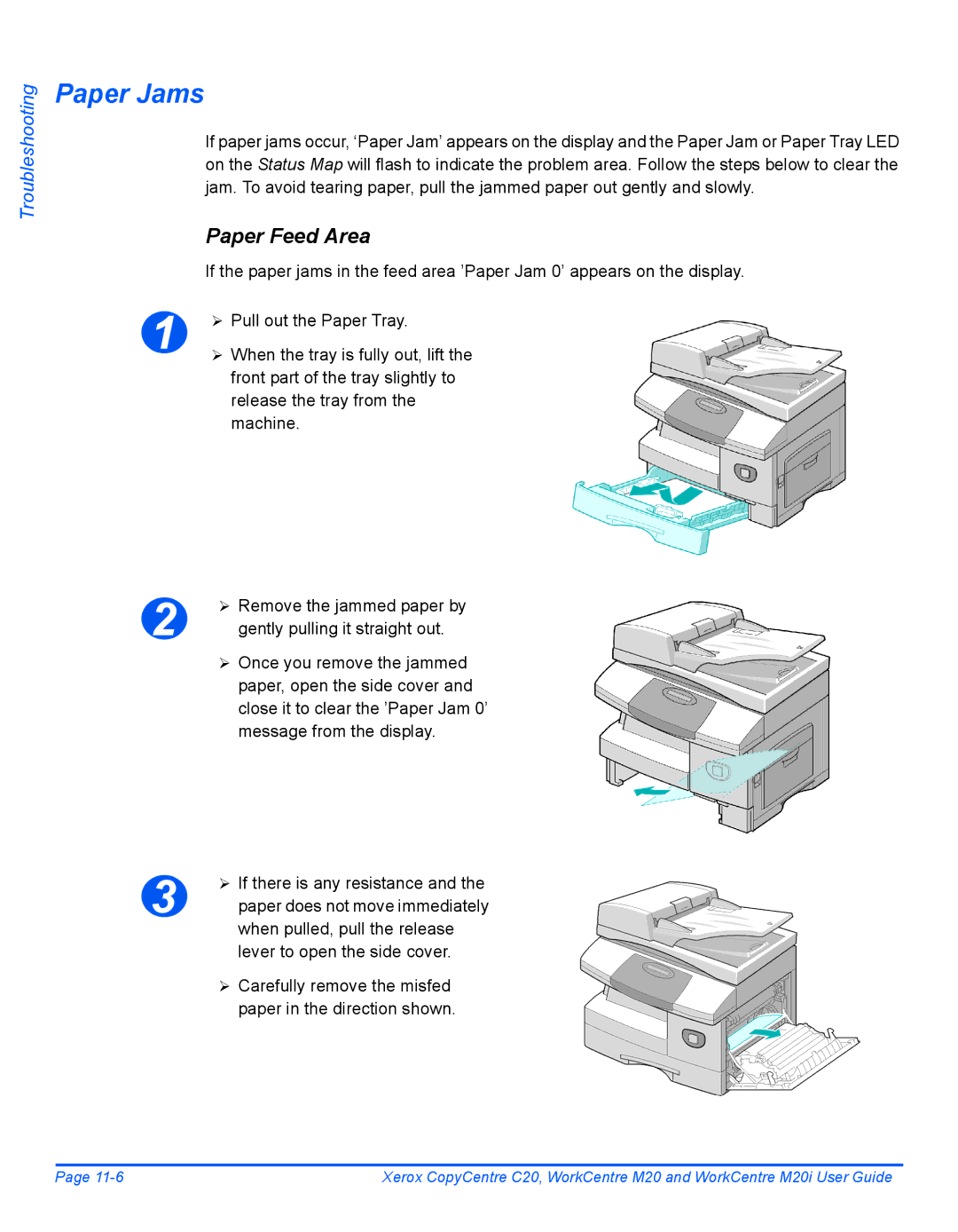 Xerox M20I manual Paper Jams, Paper Feed Area, When pulled, pull the release, Lever to open the side cover 