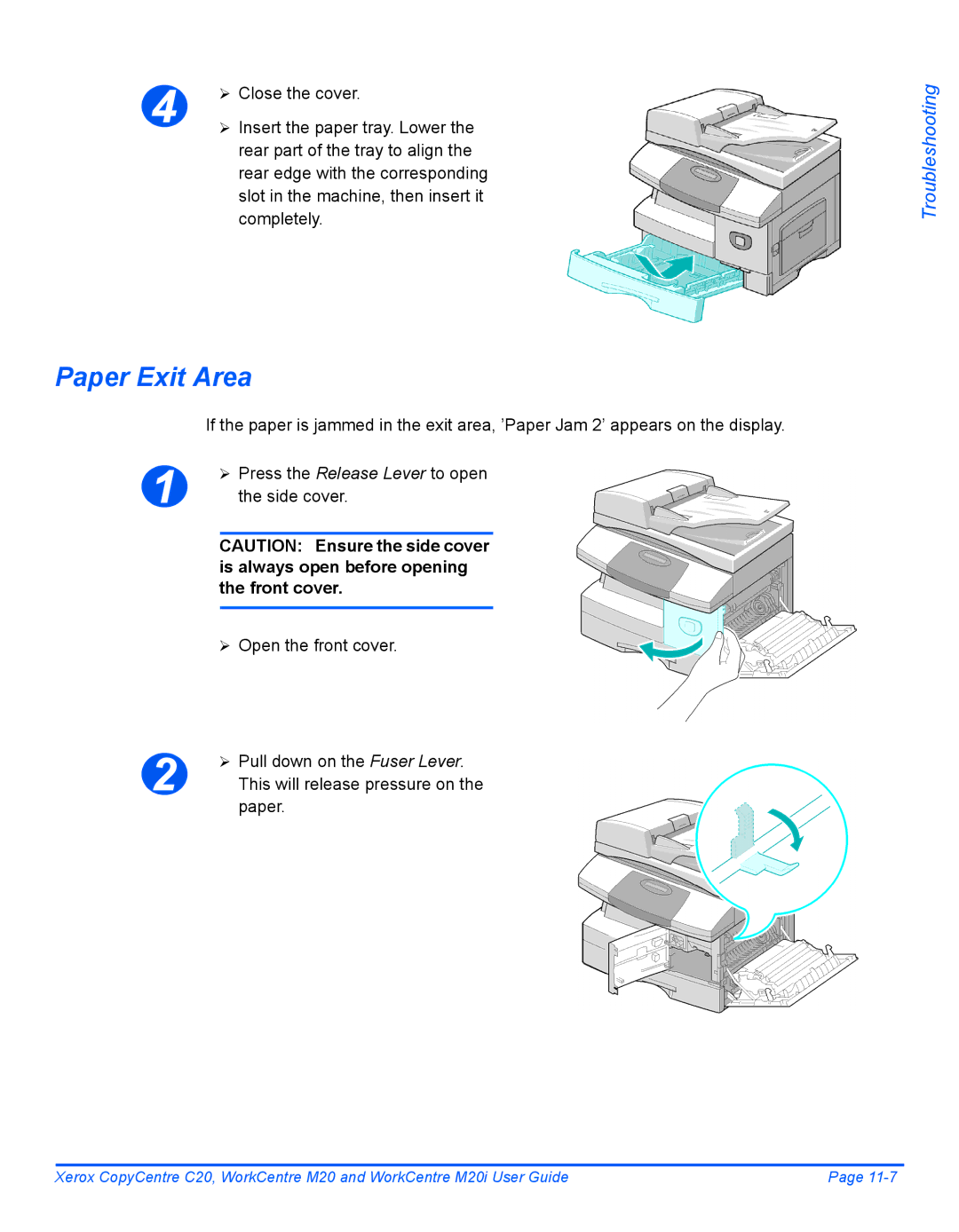 Xerox M20I manual Paper Exit Area, Close the cover, ¾ Open the front cover ¾ Pull down on the Fuser Lever 